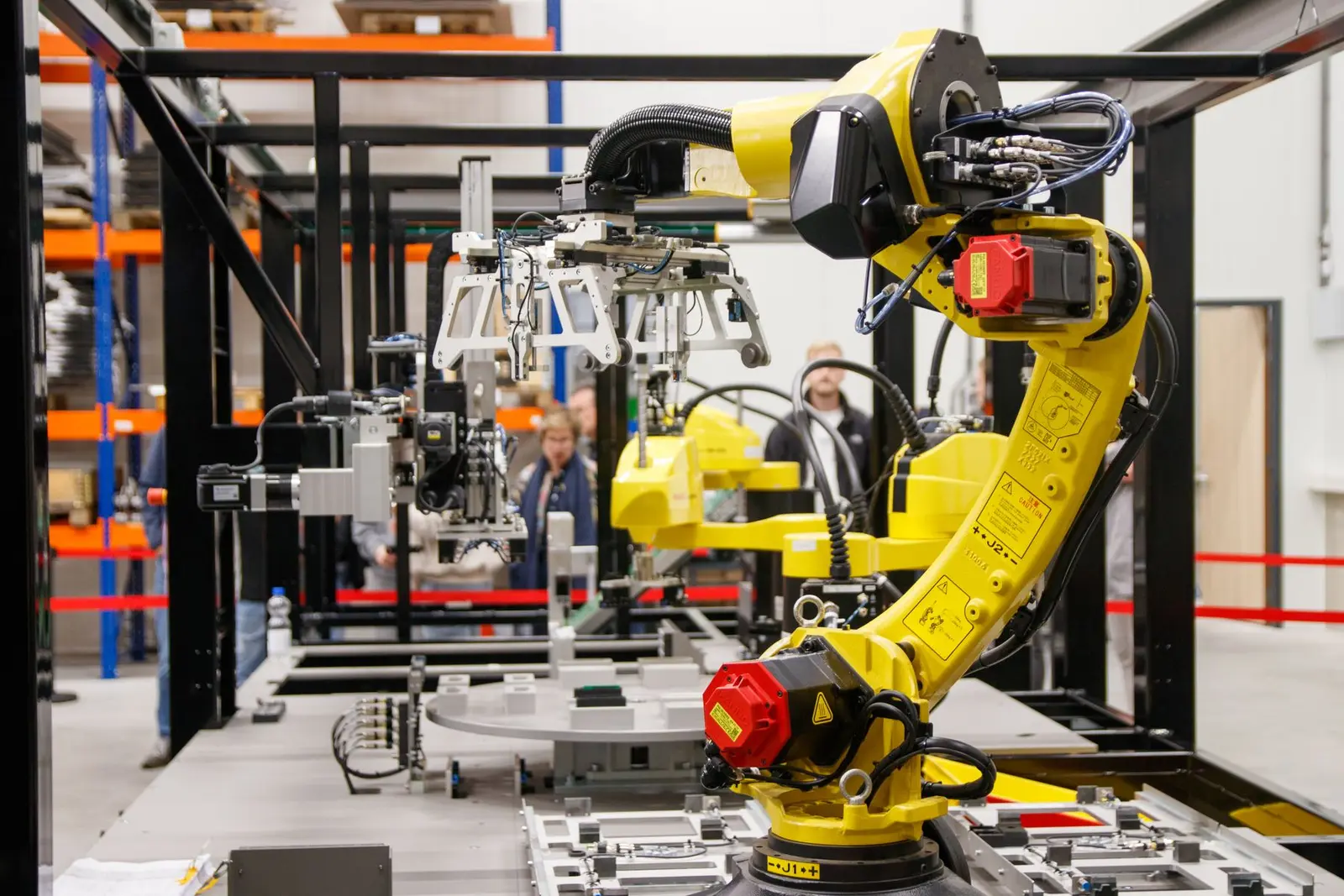 Close view of an industrial robot in a manufacturing cell